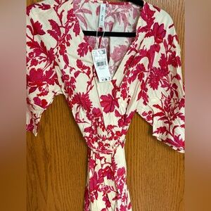 Ming Floral Wrap Dress in Cream with Hot Pink Print